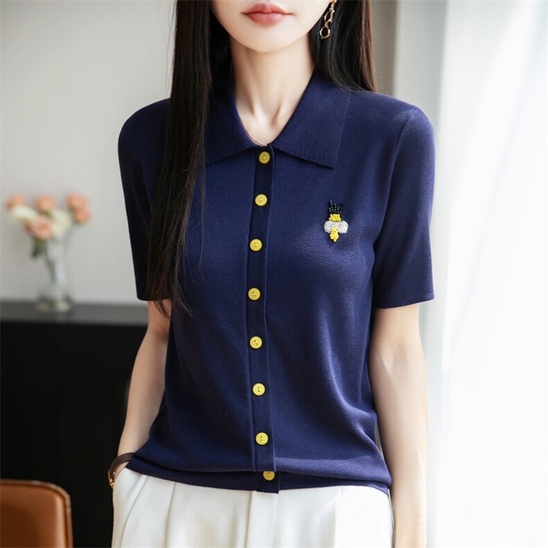 天丝翻领蜜蜂短袖,女装T恤,暖娇绒包芯纱店