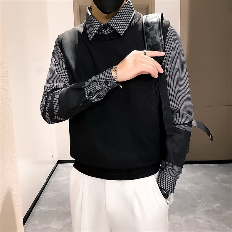 条纹拼接衬衫领毛衣男假两件针织上衣秋冬潮流痞帅打底衫Q142,男装衬衫,星座1116A-2（原606A-1）