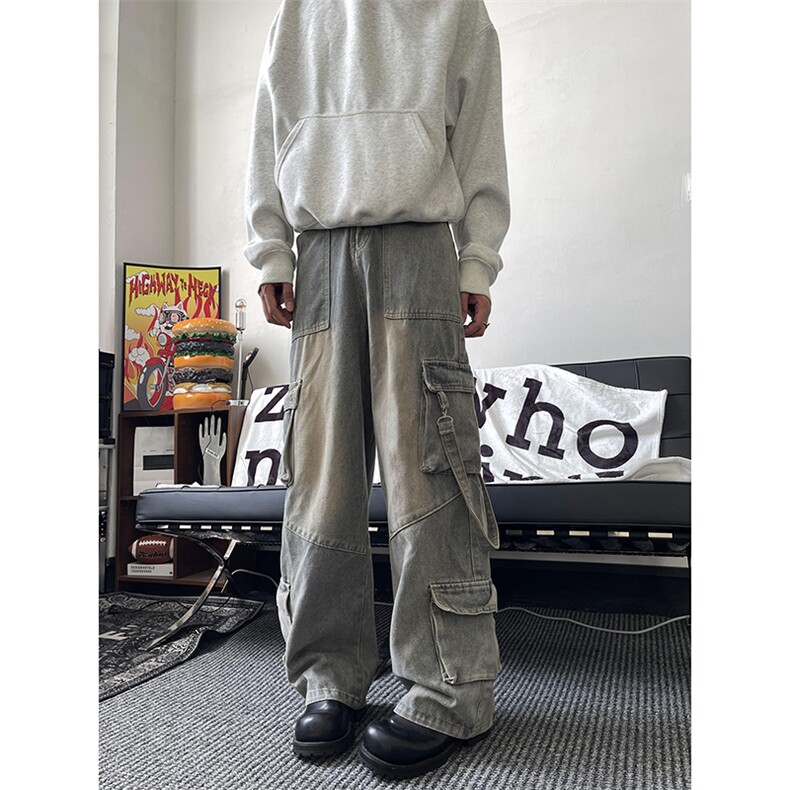 日系复古潮流工装牛仔裤新款多口袋直筒宽松阔腿裤K666TP65图片