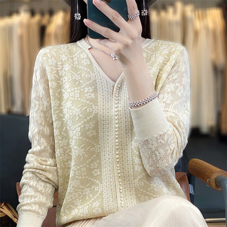 春秋精纺羊毛衫女V领蕾丝镂空珍珠扣毛衣桑蚕丝针织衫上衣打底衫,女装羊毛衫,朝贺羊绒