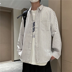 港风休闲条纹长袖衬衫男潮流帅气衬A338-1C090P50货足，差价大，男装衬衫，电商D325