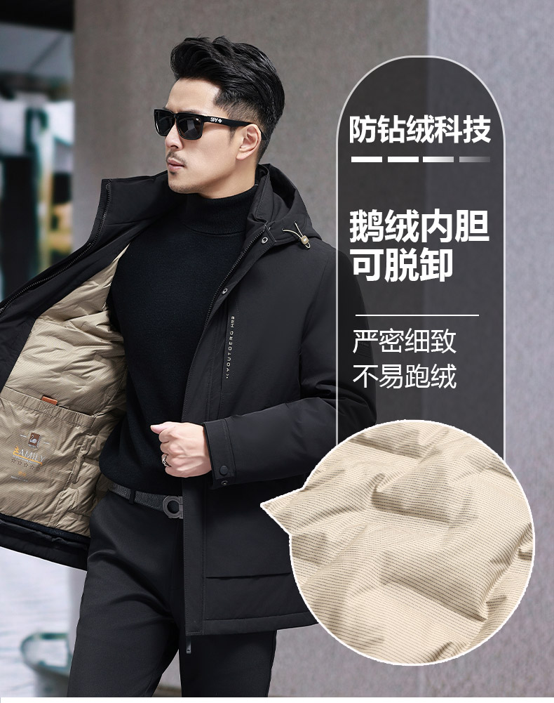 90白鹅绒中长款羽绒服大衣中年男可脱卸帽子内胆白鹅绒羽绒服外套,男装羽绒服,钱塘723