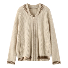 2024冬季拉链羊绒衫女开衫宽松保暖毛衣时尚针织棒球服插肩外套，女装羊绒衫，纳丰羊绒