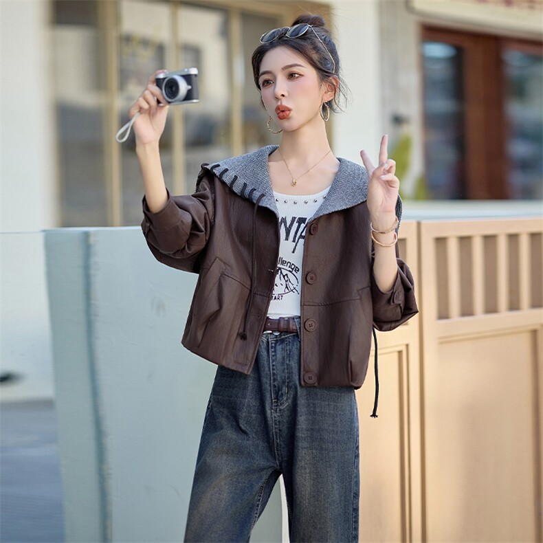 加绒皮衣外套女短款高级感机车服pu酷飒风海军领高端宽松春秋外套,女装皮衣,潮流依族