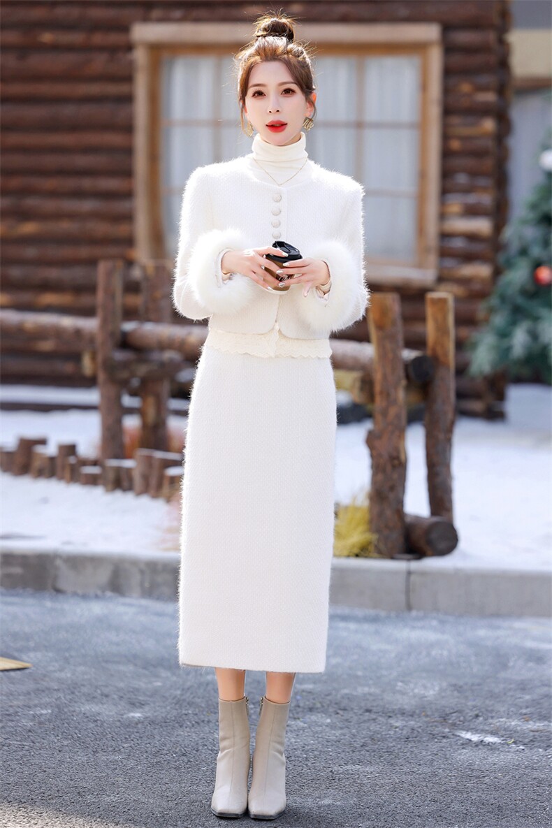 现货！2024秋冬新款气质小香风套装狐狸毛女装,女装羽绒服,丽美静依