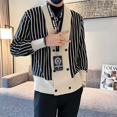 开衫男针织毛衣潮牌设计感V领宽松外套时尚网红潮流条纹线衣Q220，男装针织衫/毛衣，星座1116A-2（原606A-1）