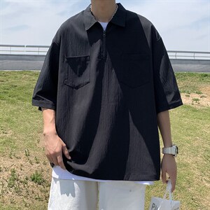 夏季潮牌ins宽松T恤日系纯色上衣半拉链翻领Polo衫男 W3181-P28图片