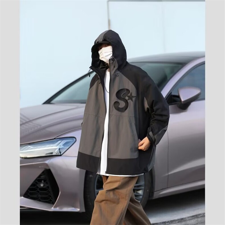 秋季美式冲锋衣设计感宽松刺绣机能连帽冲锋衣外套男W5931-P56,男装夹克,星座512-2