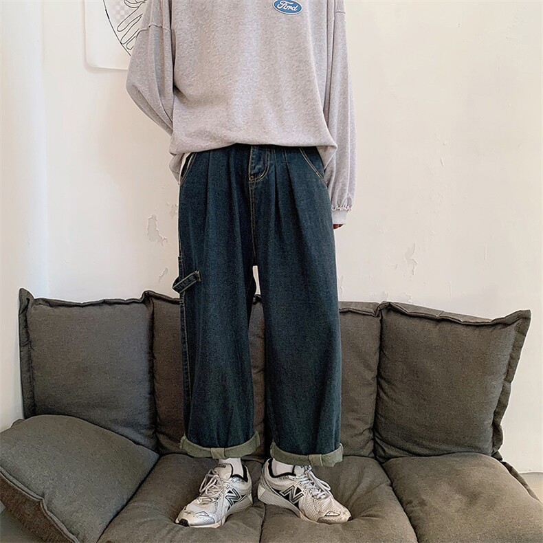 春季港风文艺工装日系宽松休闲口袋男牛仔裤坠感直筒阔腿裤老爹裤,男装牛仔裤,星座302B