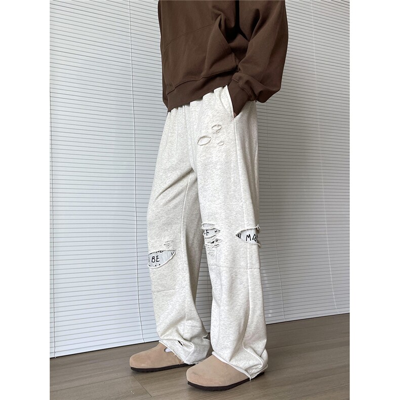 原创~秋冬字母毛边补丁破洞直筒垂坠卫裤1XZ502-K769-P65控88,男装休闲裤,星座502