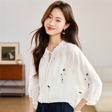 2026春秋季苎麻时尚简约大方气质优雅刺绣休闲透气衬衫，女装衬衫，独衣靓