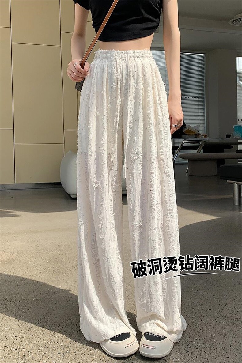 2024夏季破洞烫钻阔腿裤女高腰直筒裤垂感拖地裤宽松休闲裤子,女装休闲裤,梦白服饰厂