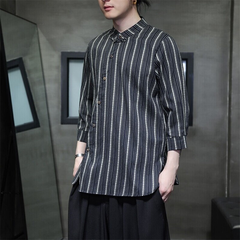 春夏 大码风复古条纹七分袖衬衫棉麻衬衣新中式男女 F22/P65图片
