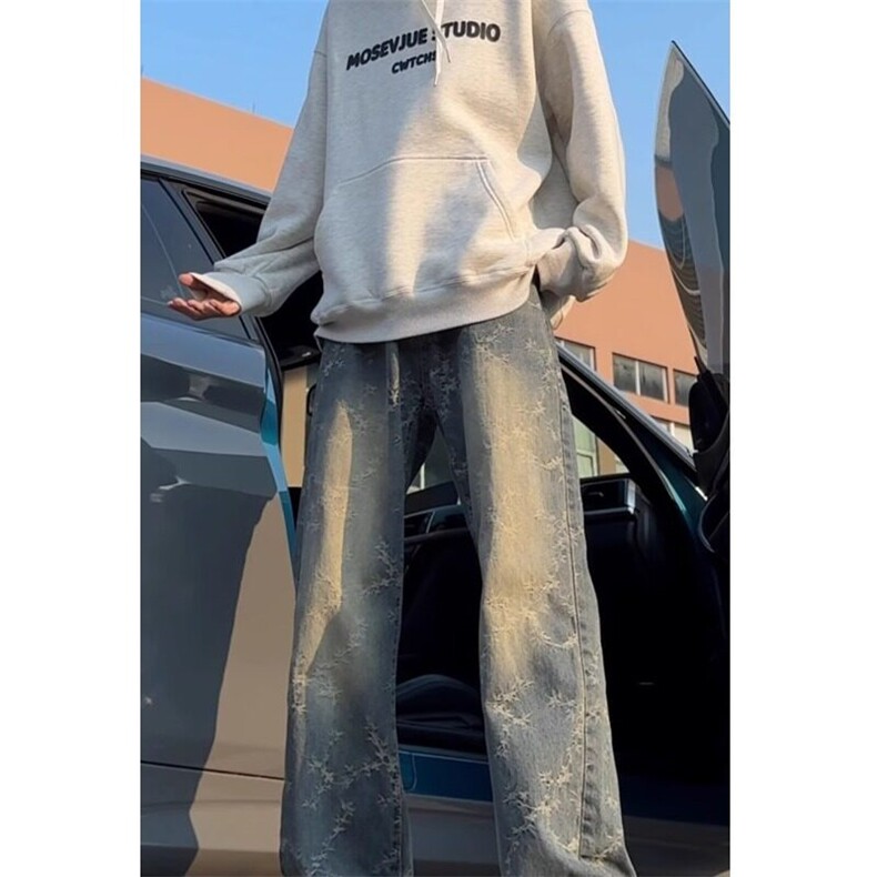 美式提花牛仔裤男初秋穿搭弯刀微喇裤潮牌痞帅炸街高级感vibe,男装牛仔裤,星座218-1（原230）