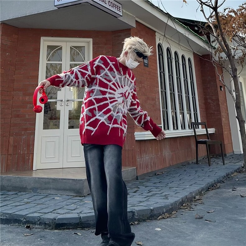 秋冬新款美式高街痞帅蜘蛛提花慵懒风宽松套头针织衫线衣,男装针织衫/毛衣,星座1210-1