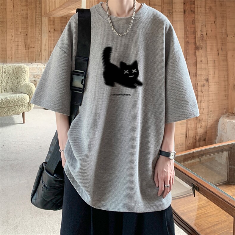 wassuphappy小猫华夫格卫衣男款春秋季潮流美式复古圆领休闲外套,男装T恤,电商B371