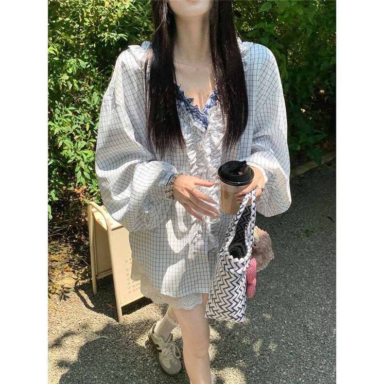D726-P55法式层叠木耳边领格子衬衫春夏设计感独特绝美长袖上衣,男装衬衫,星座911