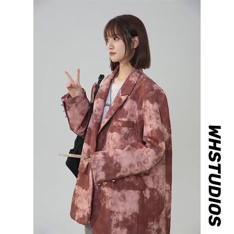 秋季中性潮牌复古擦花PU皮衣宽松扎染拼接金属扣西装1167-P108,女装西装,星座227-6