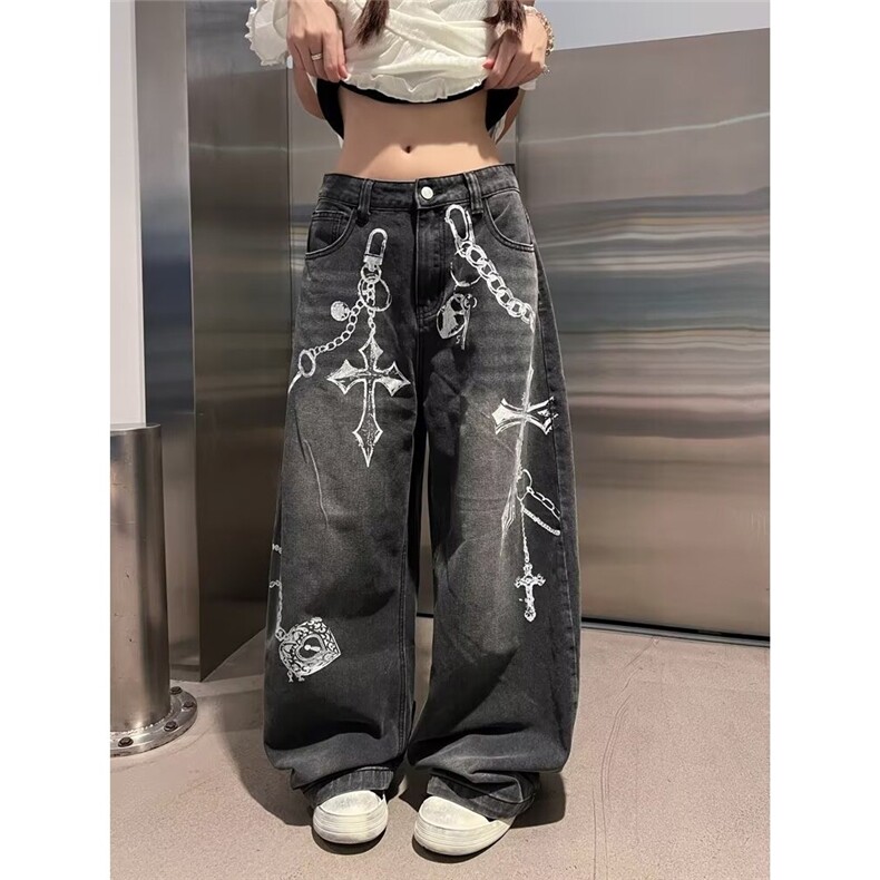 美式高街设计感闪电刺绣牛仔裤男女宽松直筒街头休闲裤NZ8016,男装牛仔裤,星座516A