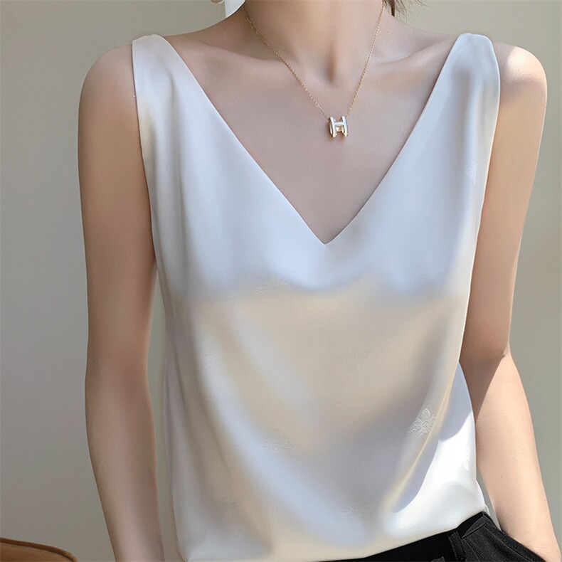 真丝吊带背心女内搭西装白色黑色打底绸缎面桑蚕丝醋酸上衣夏v领，女装背心吊带，朝贺羊绒