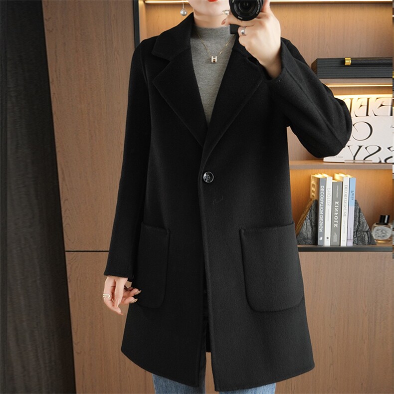 时尚百搭黑色羊毛呢外套女中长款韩版宽松显瘦大衣，女装毛呢外套，豪顺羊绒