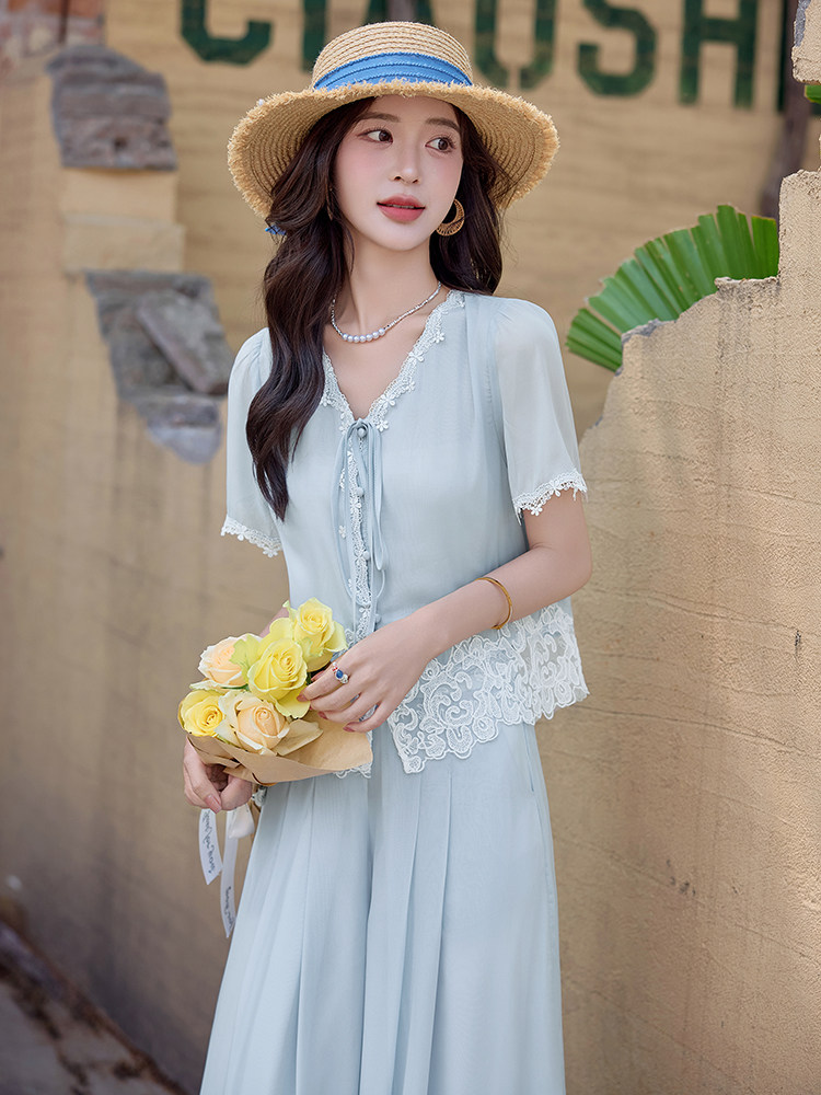 法式气质蕾丝拼接套装女2025夏季新款高级感时髦洋气阔腿裤两件套,商品下架区,水衣源