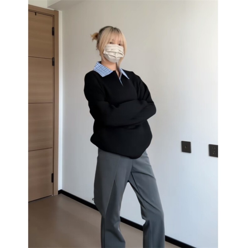 现货蓝色格子拼接翻领T恤长袖上衣情侣款男女CX02-TP35,男装T恤,星座910A