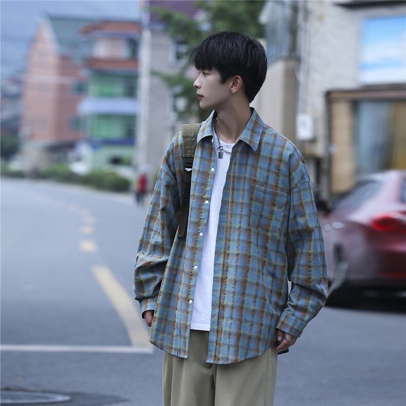 抖音日销2千件格子衬衫男长袖宽松休闲衬衣CS7219P55控88,男装衬衫,电商B413-1