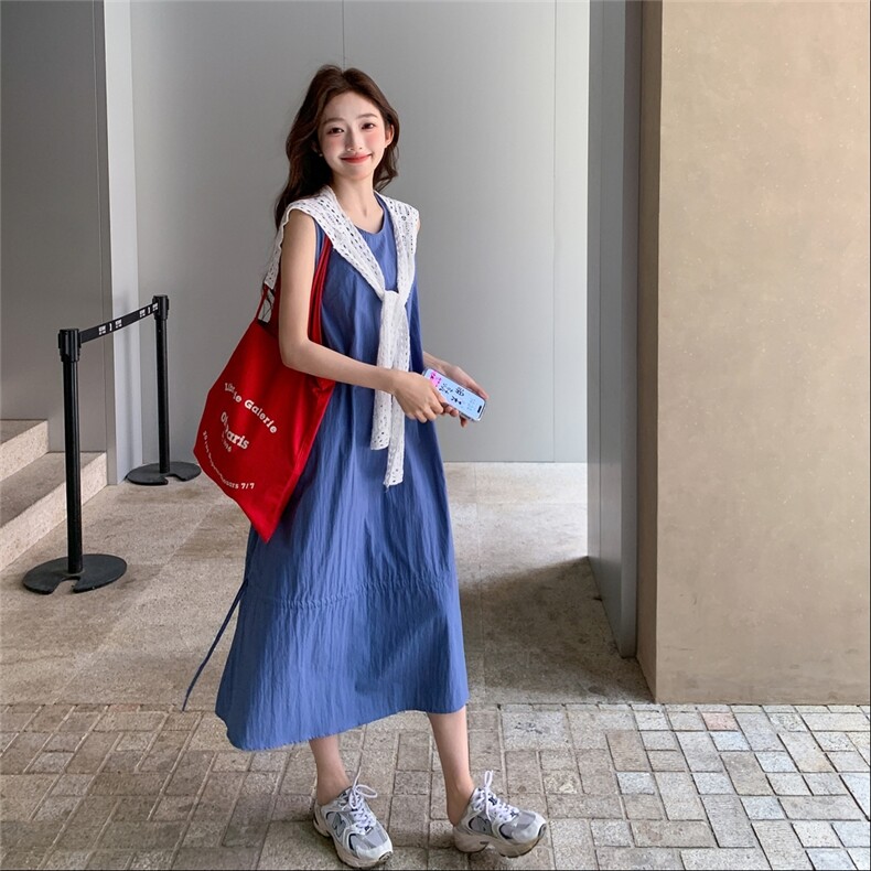 蓝色氛围感漂亮无袖背心连衣裙女夏季韩系小清新抽绳荷叶边A字裙图片
