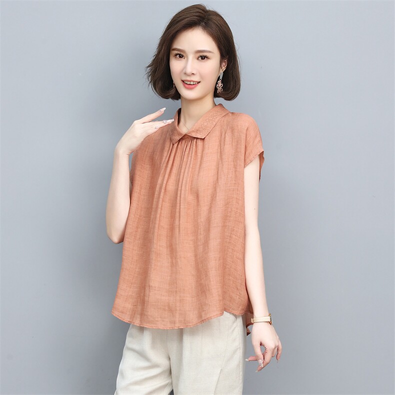 2022年夏季新款苎麻衬衫女短袖简约衬衣妈妈棉麻夏装上衣,女装衬衫,忆绮罗