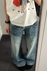 现货高品质美式闪电纹水洗宽松微喇叭牛仔裤GK80-特P45-限价78图片