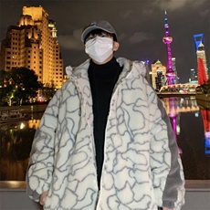 M8020P90港风外景连帽休闲拼色裂纹印花羊羔毛潮学生情侣外套，男装棉衣，电商A026-1