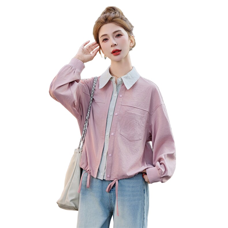 条纹拼接假两件衬衫薄外套女2025春夏新款宽松休闲百搭防晒衣上衣,女装衬衫,余墨