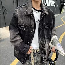 D3515-P98春秋季潮牌破洞黄泥染水洗牛仔外套男女美式情侣棒球服，男装夹克，星座603-2