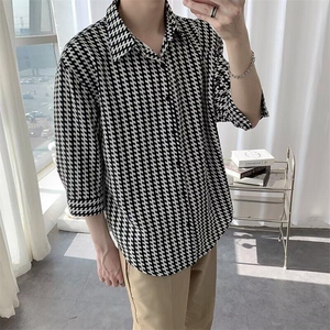 高级感七分袖衬衫男港风短袖条纹衬衣夏版潮流薄款设计感小众外套图片