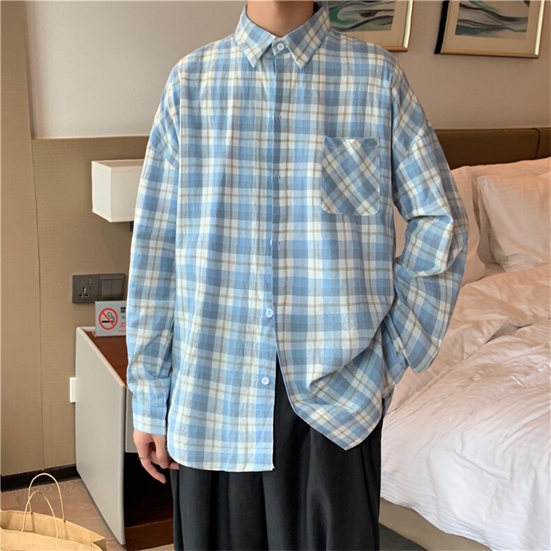 休闲衬衫男秋季百搭港风日系格子外套韩版潮流网红衬衣 W1406-P33图片