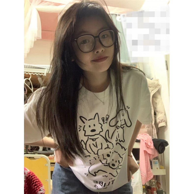 T537-P25 学生初高中简约线条狗印花短袖 纯棉宽松T恤图片