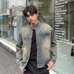 美式日系复古水洗做旧牛仔外套男秋冬潮流小众高级感宽松立领夹克图片