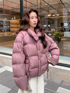 紫色短款立领泡芙羽绒服女冬2025新款韩系高充绒量90绒保暖面包服图片