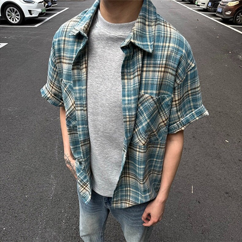 美式复古蓝色格子衬衫男款街头潮宽松慵懒休闲风外套上衣YCS70,男装衬衫,星座208-5
