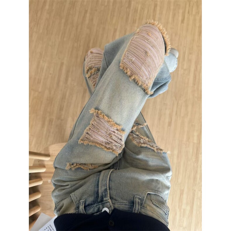 美式复古做旧乞丐破洞牛仔裤男女夏季显瘦梧桐直筒阔腿拖地裤子,男装牛仔裤,四季星座505