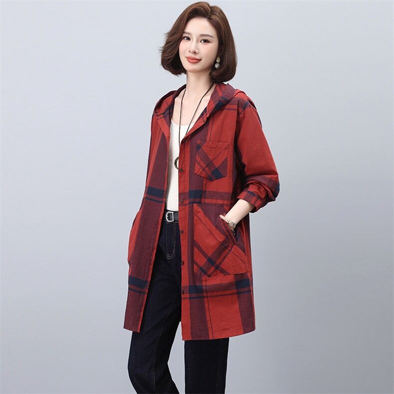 格子衬衫外套女春秋2024新款中长款连帽休闲风衣,女装衬衫,忆绮罗