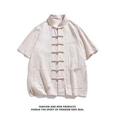 现货主推棉麻衬衫唐装一字扣短袖T中风半袖男上衣CS08-P55，男装衬衫，星座217-5