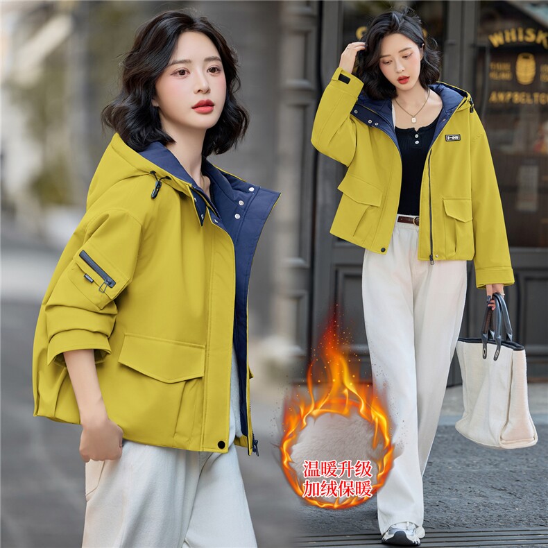 【大量现货】2025年冬季新款时尚连帽棉服短款休闲运动风撞色棉服,女装棉衣/棉服,依路服饰