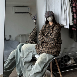 衬衫男秋季新款港风宽松磨毛格子长袖衬衣CS510-P38图片