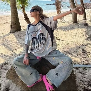6626-P42 大码胖mm今年流行的小狗刺绣直筒牛仔裤女休闲宽松图片