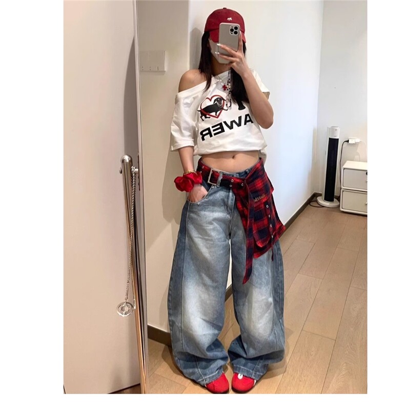 美式高街复古弯刀阔腿牛仔裤女百搭新款时尚原宿无品牌日系简约,男装牛仔裤,星座1210-1