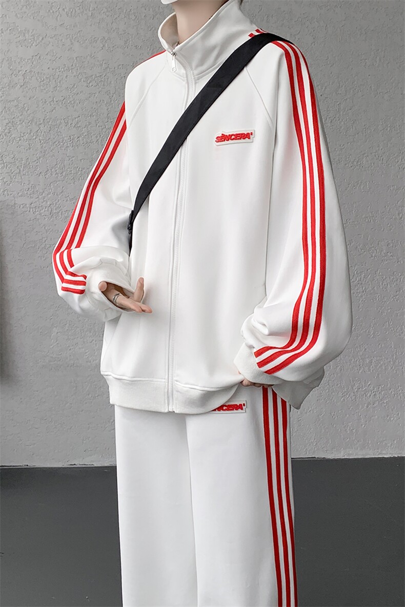 8XL-M条纹撞色开衫新年红卫衣运动套装潮牌运动服校园风TZ114P118,男装休闲套装,电商D206-1