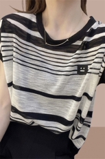 条纹冰丝短袖T恤女夏季2025新款宽松薄款大码女装上衣服爆款女装，女装T恤，斯美雅安迪绒