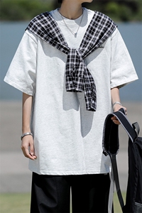 8XL-M 潮情侣美式拼接打结格子假两件短袖宽松纯棉T恤男 DX338图片